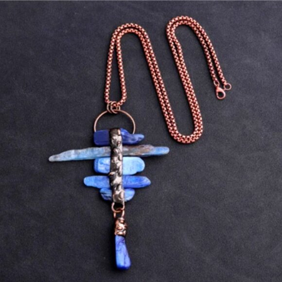 Natural Blue Quartz Stone Pendant Bohemian Style Necklace - Healing Crystals - Picture 2 of 4